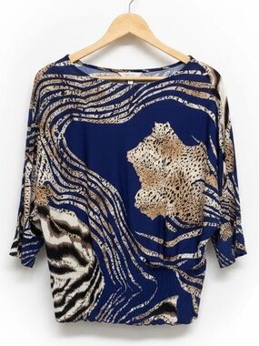 QED London Blue Animal Print Dolman Sleeve Smocked Waist Top Size M